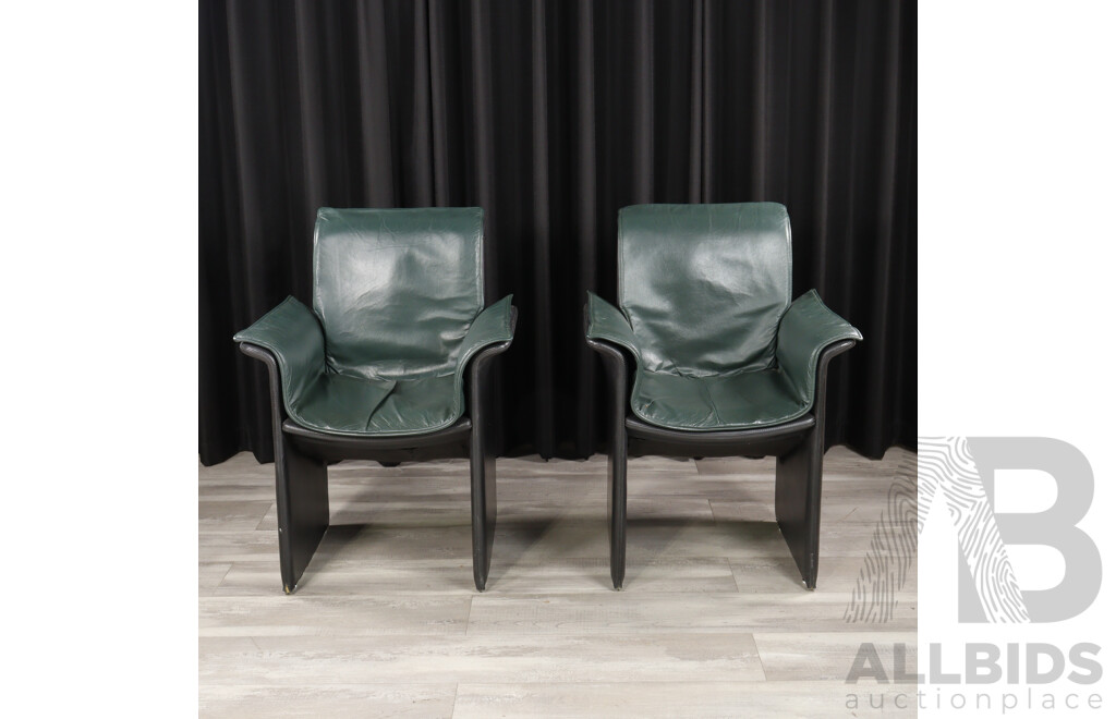 Pair of Vintage Italian Dark Green Leather Armchairs