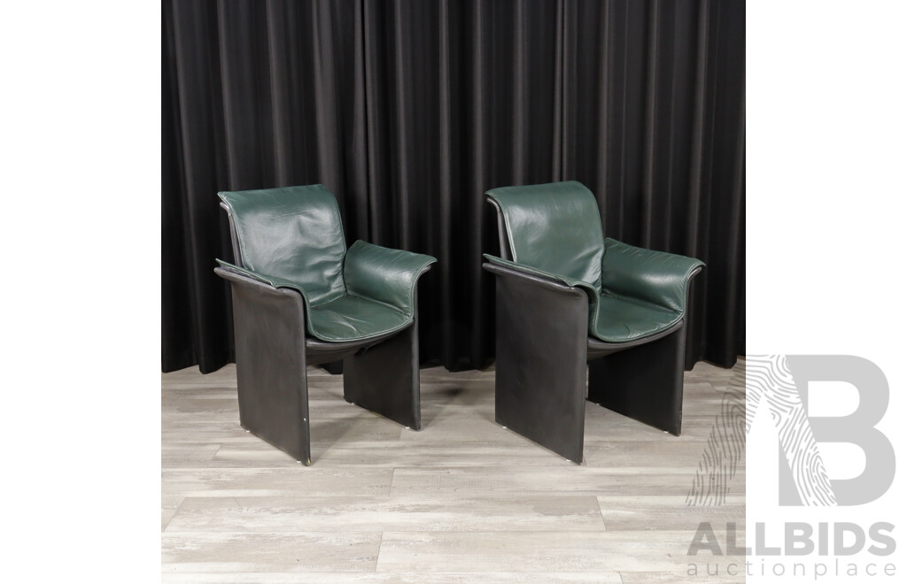 Pair of Vintage Italian Dark Green Leather Armchairs