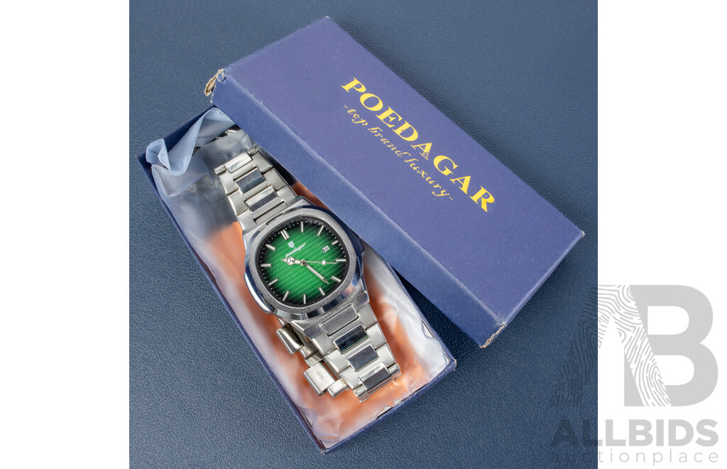 Poedagar Mens Wristwatch with Silver Green Dial and Extra Links