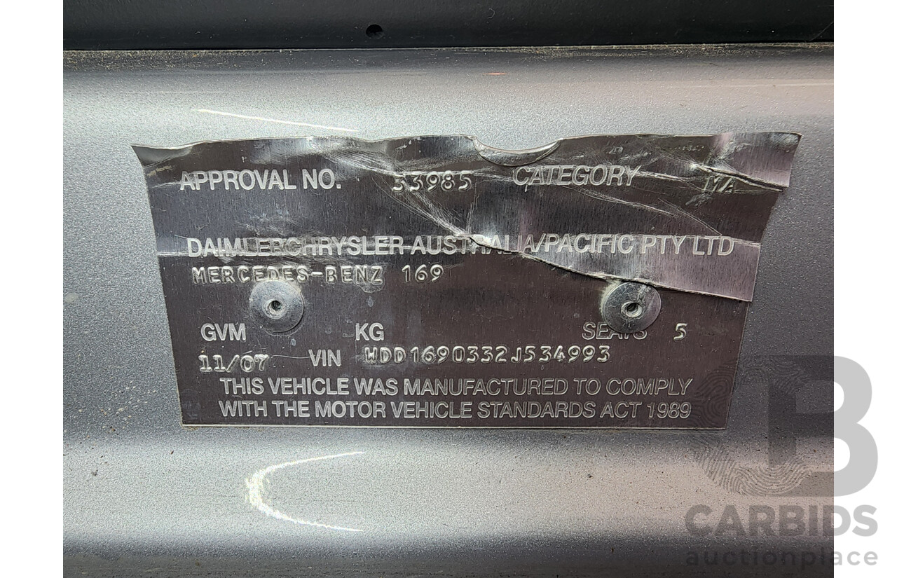 11/2007 Mercedes-Benz A200 Elegance W169 5d Hatchback Silver 2.0L