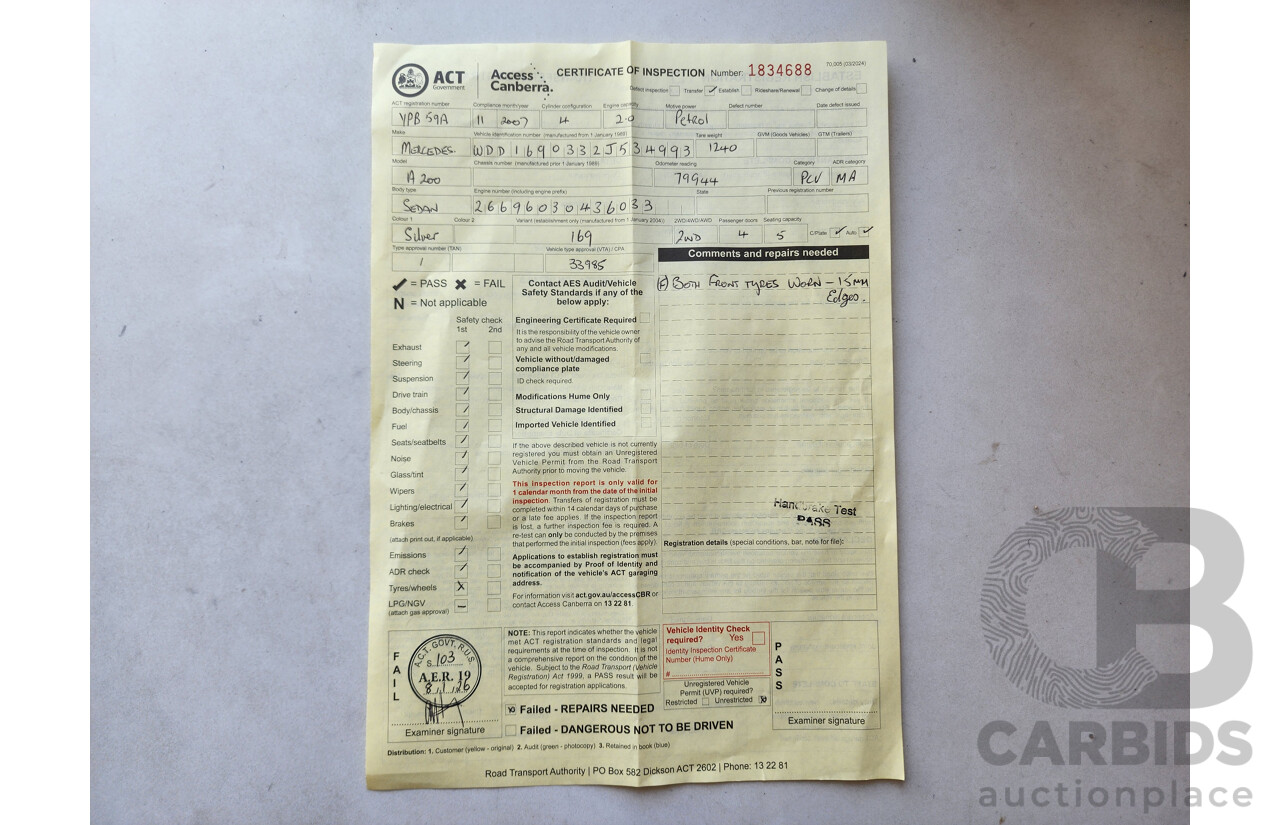 11/2007 Mercedes-Benz A200 Elegance W169 5d Hatchback Silver 2.0L