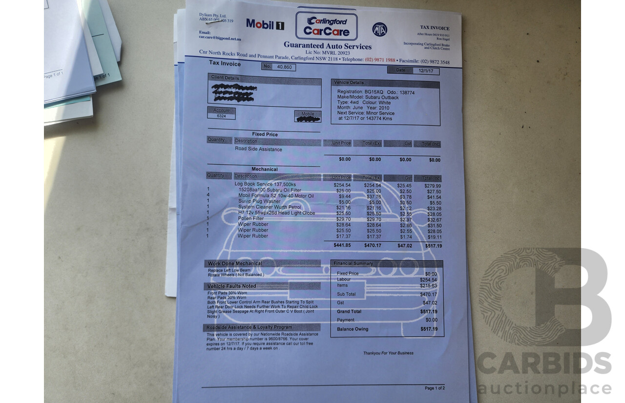 7/2010 Subaru Outback 2.5i MY10 4d Wagon White 2.5L