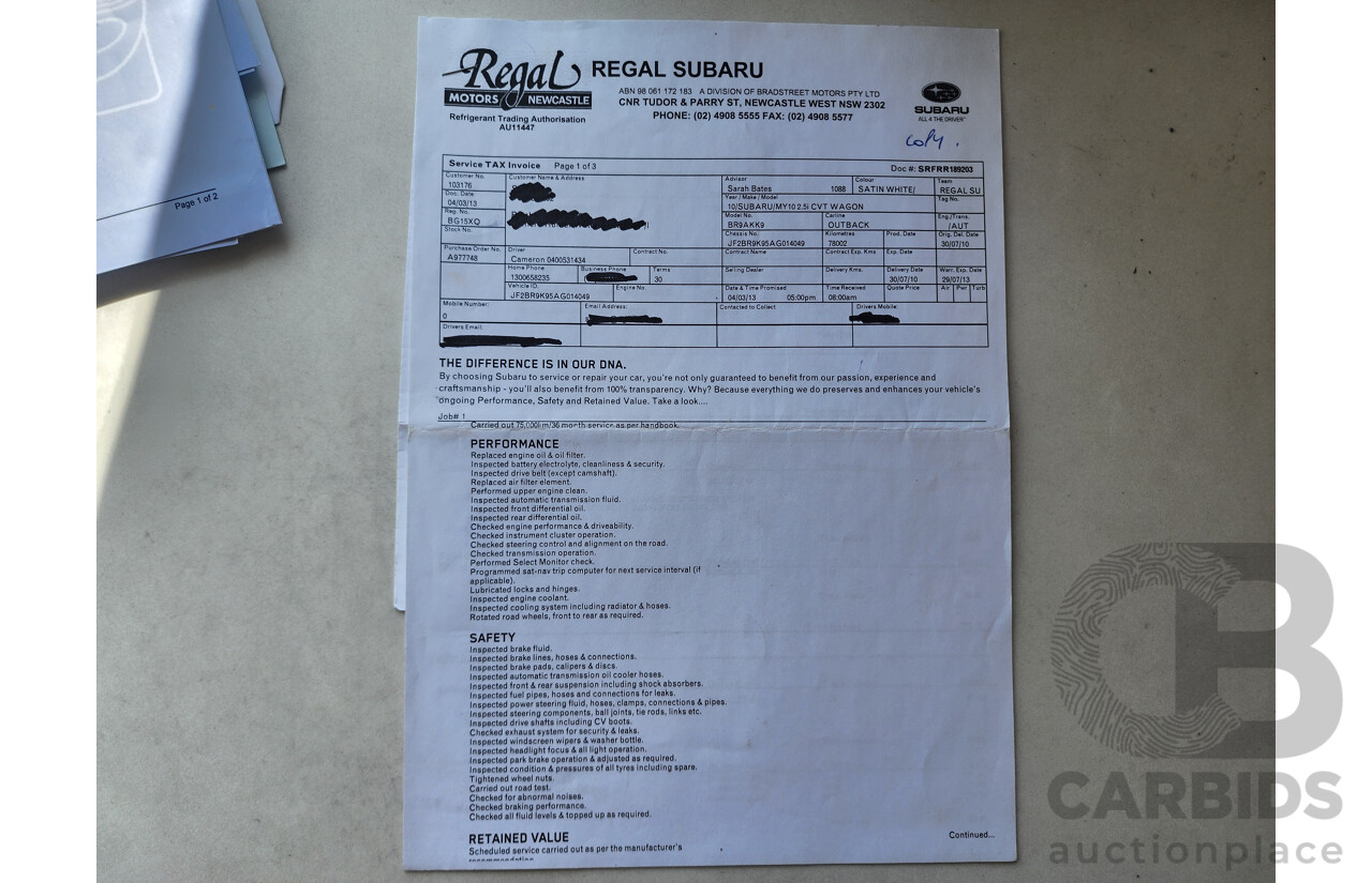 7/2010 Subaru Outback 2.5i MY10 4d Wagon White 2.5L