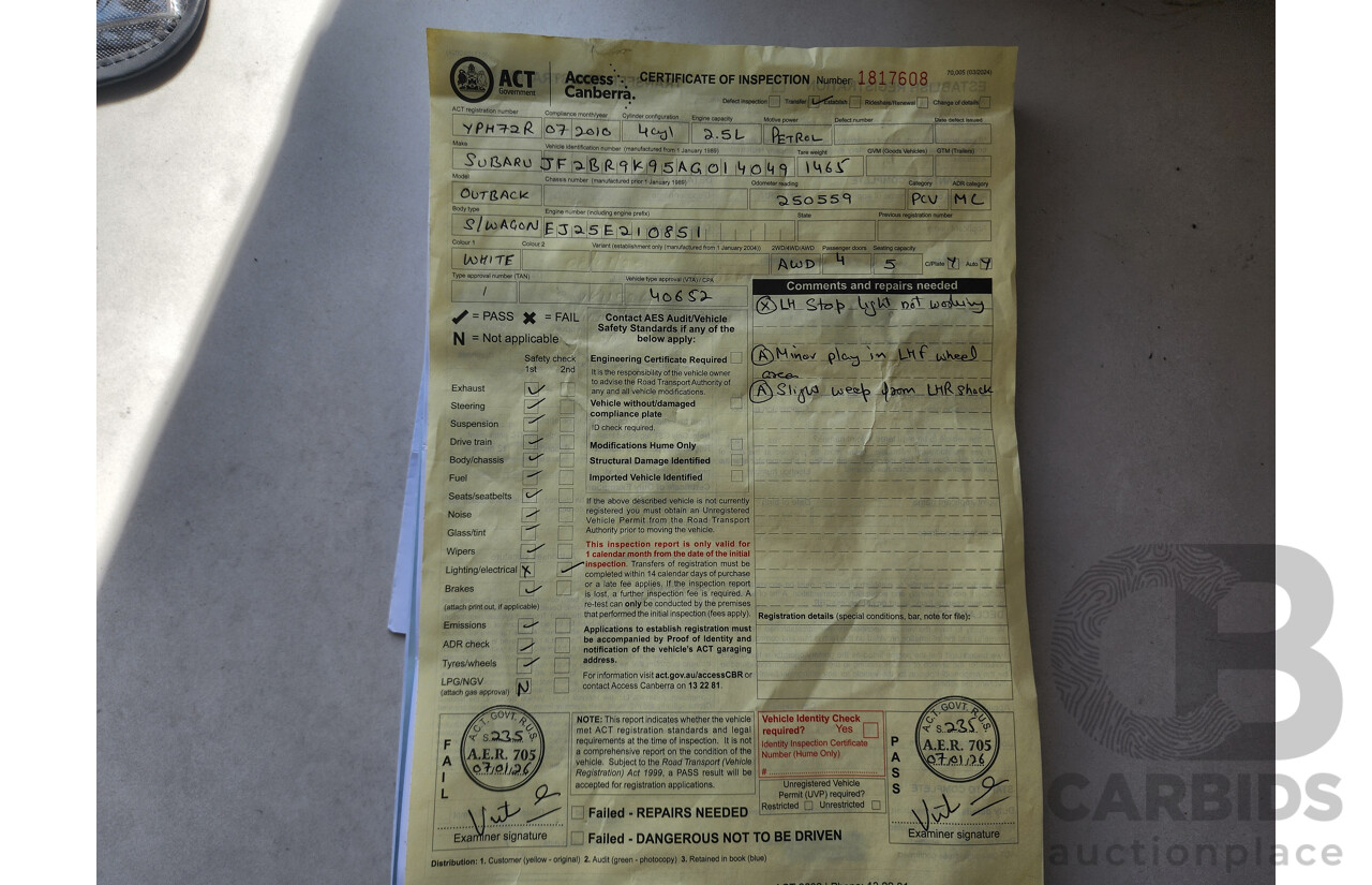 7/2010 Subaru Outback 2.5i MY10 4d Wagon White 2.5L