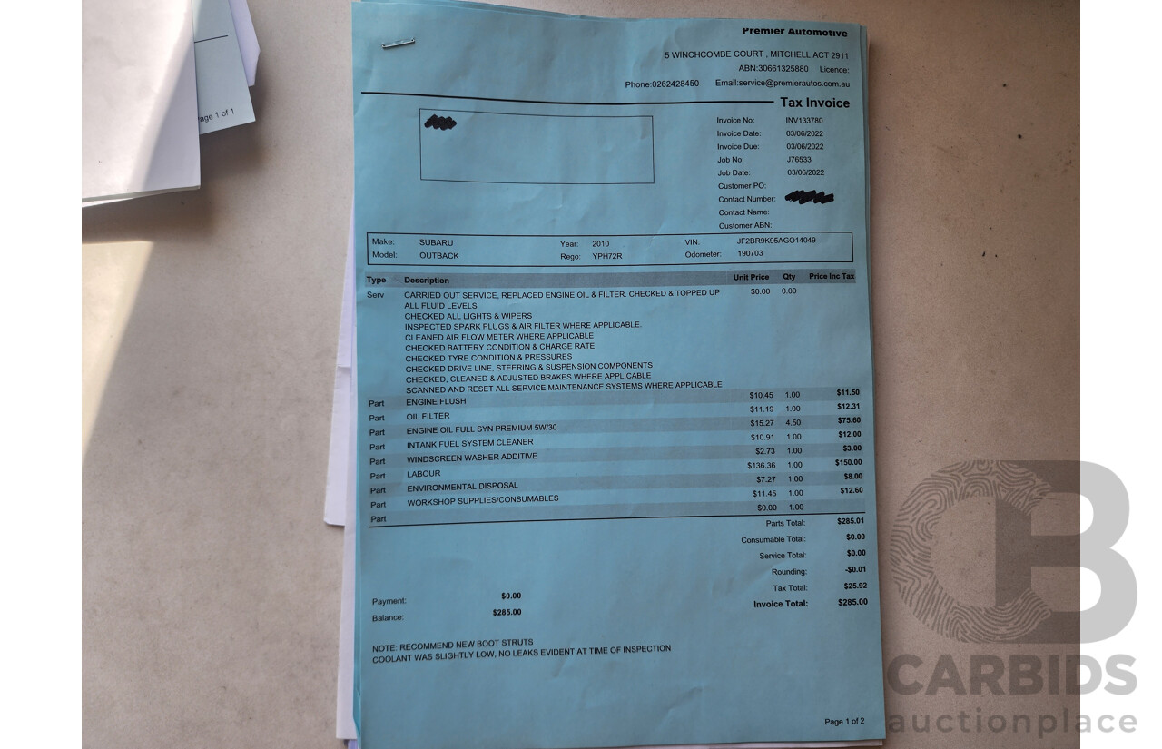 7/2010 Subaru Outback 2.5i MY10 4d Wagon White 2.5L