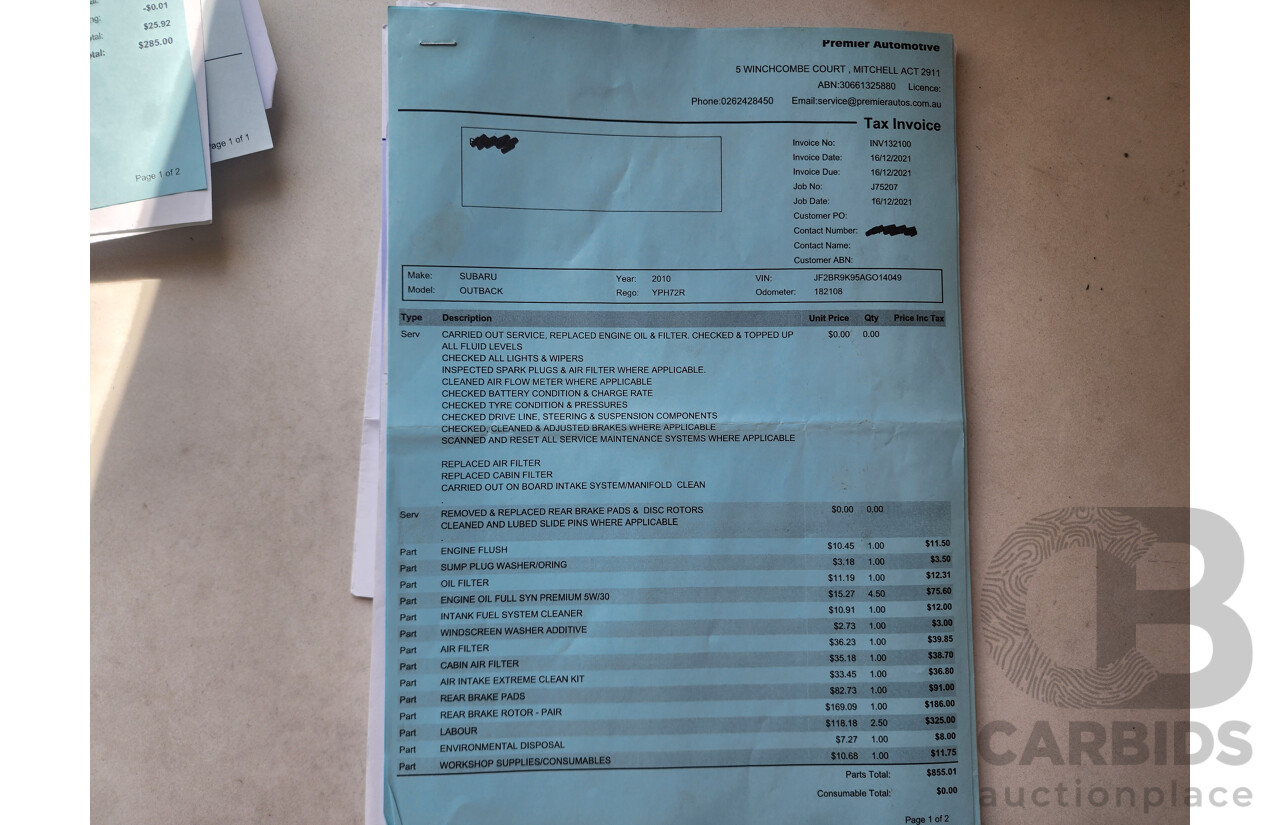 7/2010 Subaru Outback 2.5i MY10 4d Wagon White 2.5L