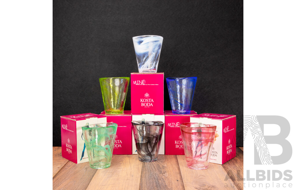 Set of Six Boxed Mine! Art Glass Tumblers by Ulrica Hydman- Vallien for Kosta Boda
