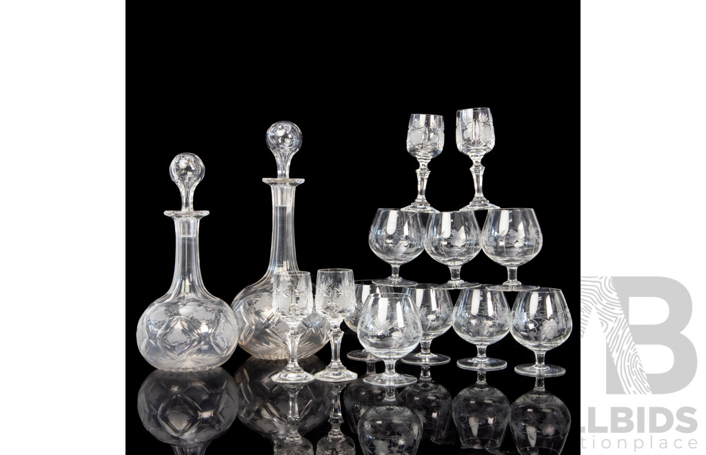 Set of Eight Single Stemmed Crystal Brandy Glasses with Four Cut Crystal Bohemian Shot Glasses