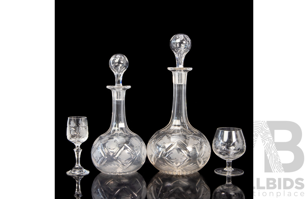 Set of Eight Single Stemmed Crystal Brandy Glasses with Four Cut Crystal Bohemian Shot Glasses