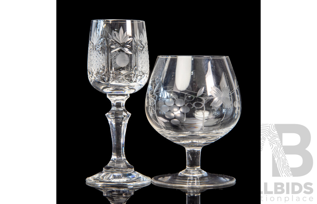 Set of Eight Single Stemmed Crystal Brandy Glasses with Four Cut Crystal Bohemian Shot Glasses
