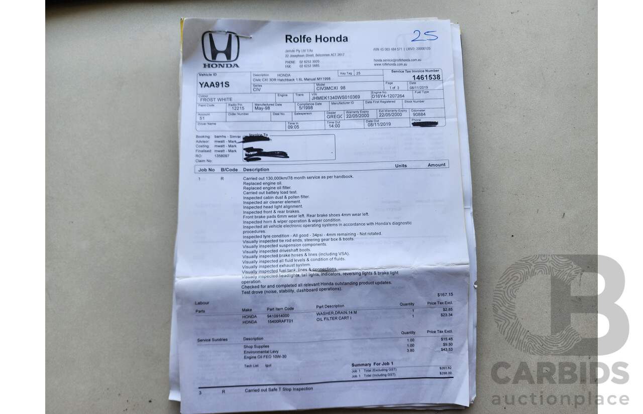 5/1998 Honda Civic CXi  3d Hatchback White 1.6L