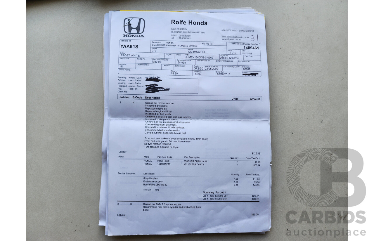 5/1998 Honda Civic CXi  3d Hatchback White 1.6L