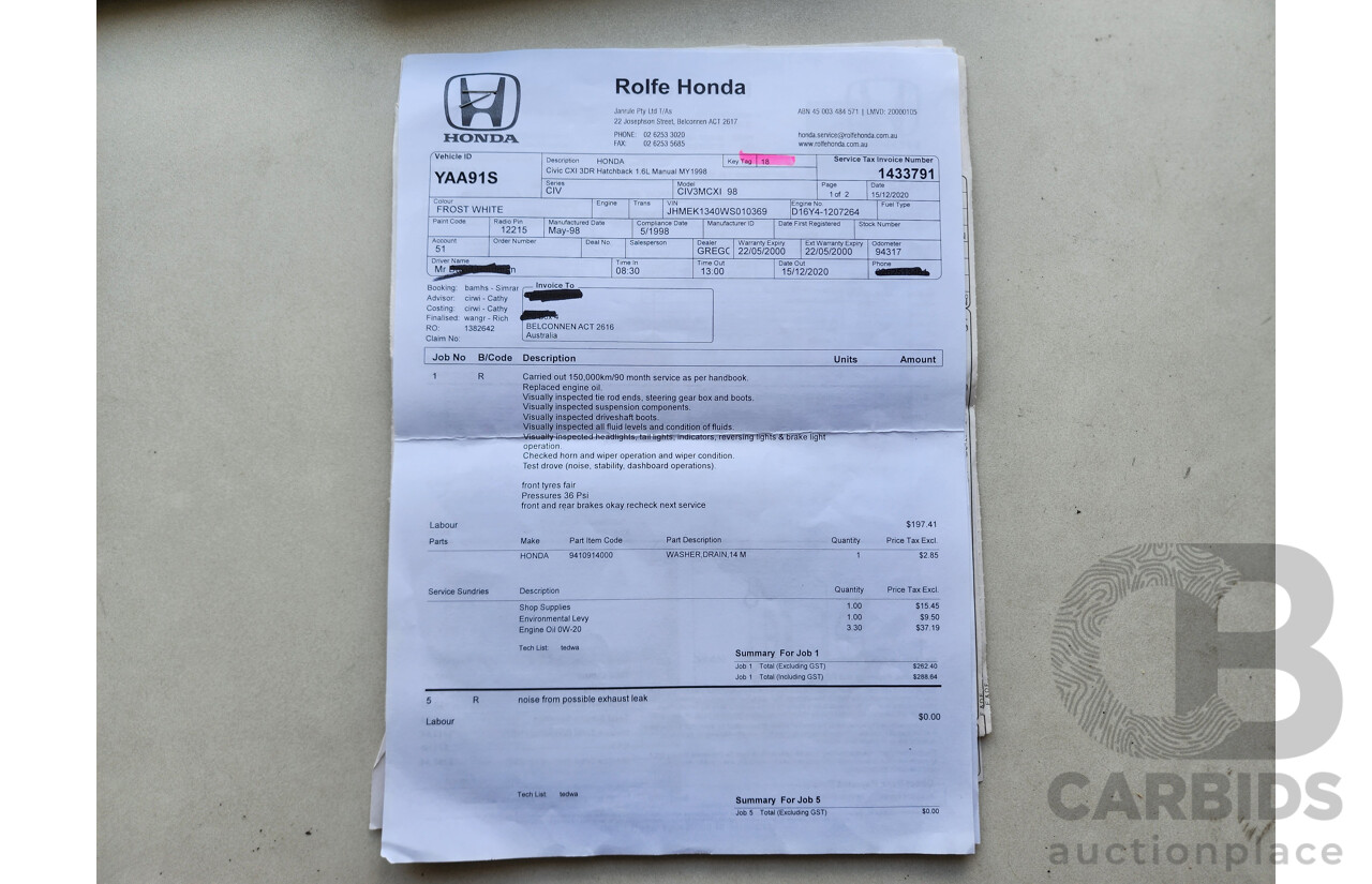 5/1998 Honda Civic CXi  3d Hatchback White 1.6L