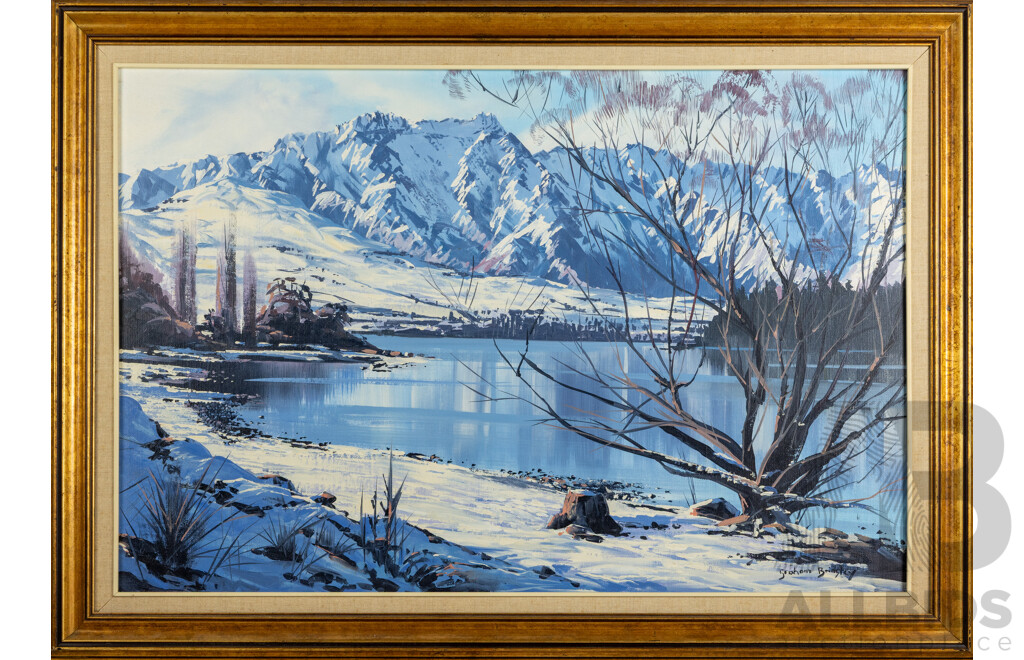 Graham Brinsley, The Remarkables, Queenstown NZ, 1982, 76cm x 107cm Synthetic Polymer on Canvas Board