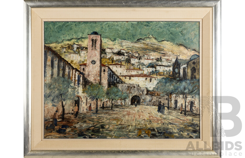 George Feather Lawrence, European Village Scene & Hillside, 1963, 59cm X 79cm Oil on Board