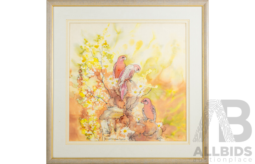 Diana Watson, (20th Century, Australian), Parrots, Original Watercolour on Silk Panel, 78 x 77 cm (frame)