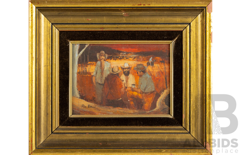 Ric Elliot, Drovers Camp, Image 18cm x 13cm Oil on Board, Framed 31cm x 27cm