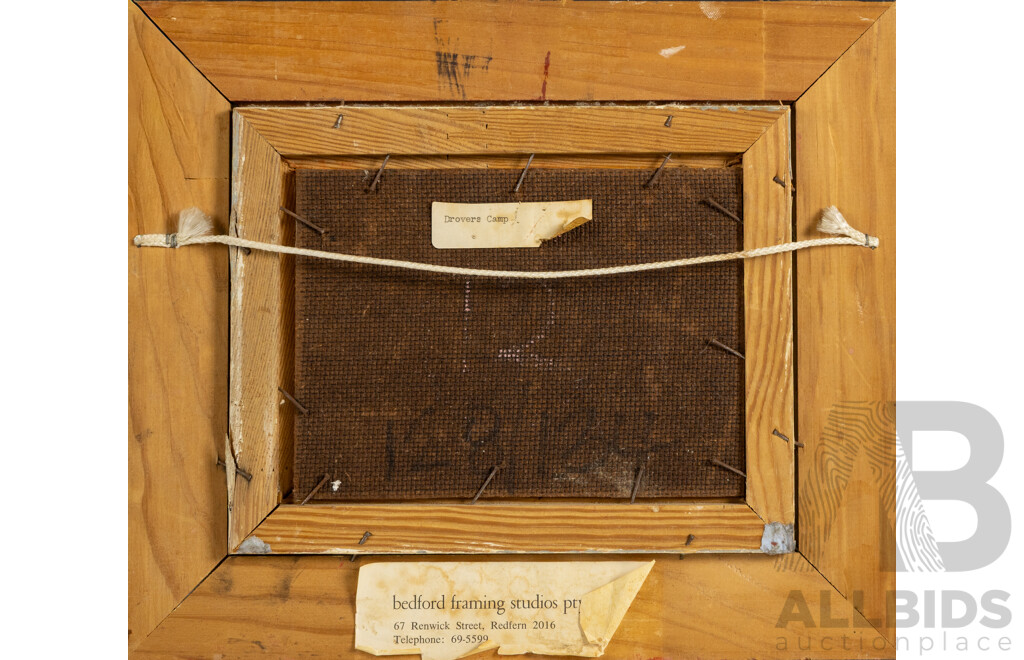 Ric Elliot, Drovers Camp, Image 18cm x 13cm Oil on Board, Framed 31cm x 27cm