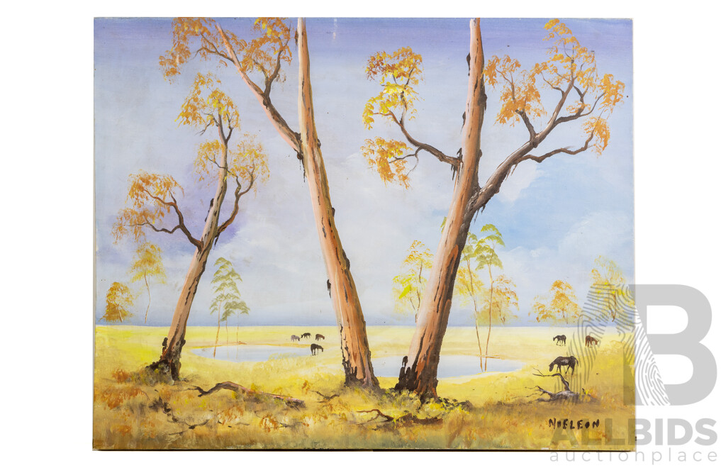 Noe Leon, (20th Century, Colombian, 1907-1979), Animals Grazing & Old Car and Shed,  Pair of Wonderful Complementary Vintage Oil on Canvases, 61 x 76^ Cm (2)