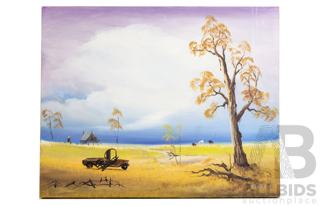 Noe Leon, (20th Century, Colombian, 1907-1979), Animals Grazing & Old Car and Shed,  Pair of Wonderful Complementary Vintage Oil on Canvases, 61 x 76^ Cm (2)
