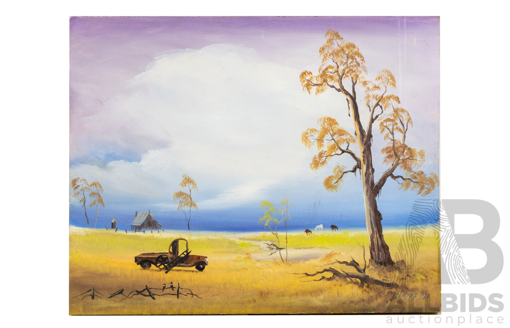 Noe Leon, (20th Century, Colombian, 1907-1979), Animals Grazing & Old Car and Shed, Pair of Wonderful Complementary Vintage Oil on Canvases, 61 x 76^ Cm (2)