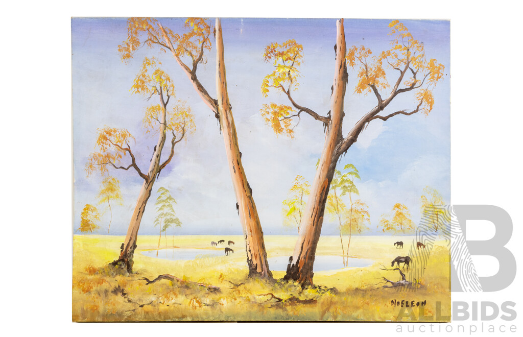 Noe Leon, (20th Century, Colombian, 1907-1979), Animals Grazing & Old Car and Shed, Pair of Wonderful Complementary Vintage Oil on Canvases, 61 x 76^ Cm (2)