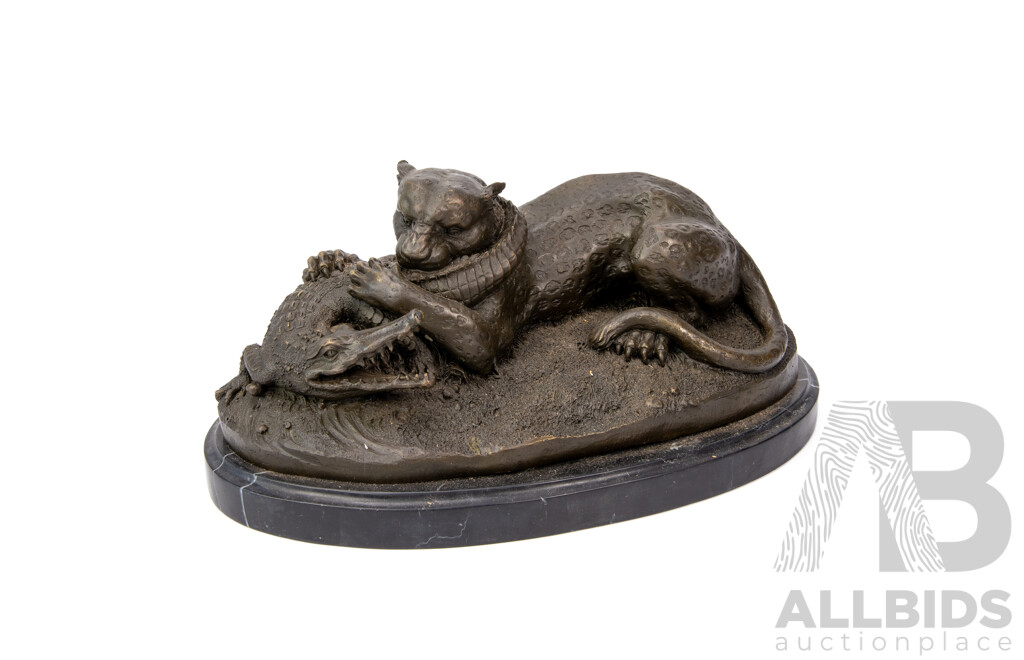 Antoine Louis Barye, Cheetah and Alligator, Large Cast Bronze Sculpture, Signed, on Marble Plinth