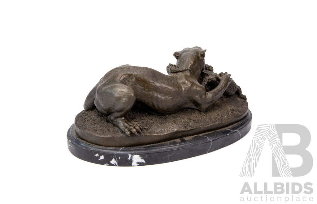 Antoine Louis Barye, Cheetah and Alligator, Large Cast Bronze Sculpture, Signed, on Marble Plinth