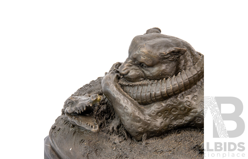 Antoine Louis Barye, Cheetah and Alligator, Large Cast Bronze Sculpture, Signed, on Marble Plinth