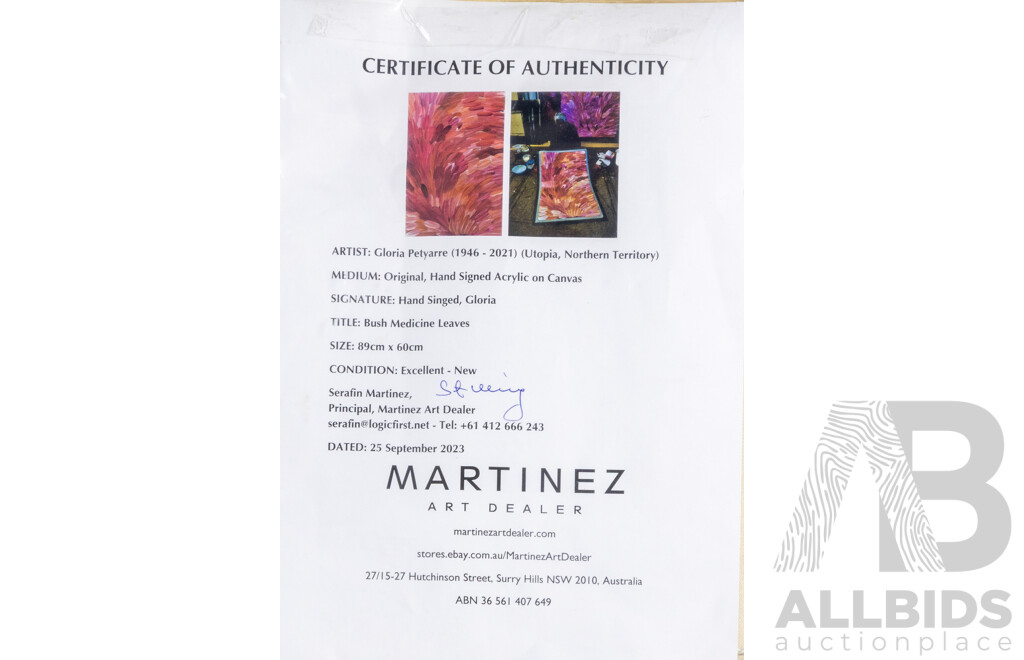 Gloria Petyarre, Bush Medicine Leaves, 89cm X 60cm, Acrylic on Canvas, Signed Verso, Gallery COA