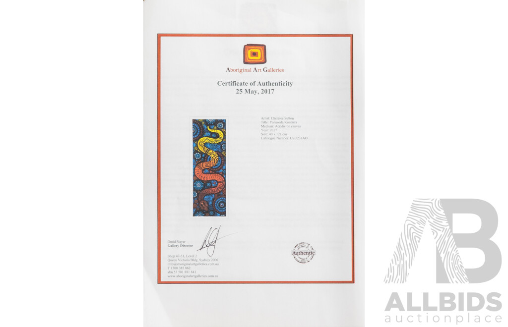 Chern'ee Sutton, (20th Century, Indigenous-Australian, 1996-), Yaruwala Kuntarra, (2017), Original Acrylic on Canvas with COA, 40cm X 121cm