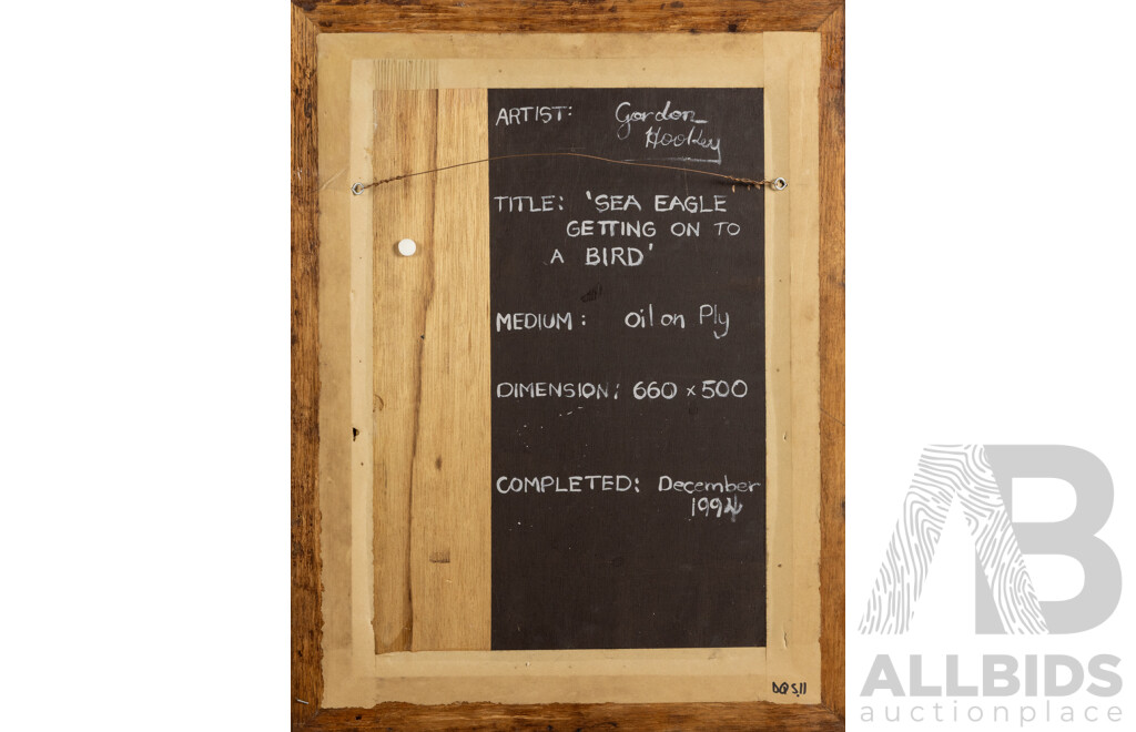 Gordon Hookey, Sea Eagle Getting Onto A Bird, SLR, 1994, 66cm x 50cm Oil on Board, Vintage Timber Frame