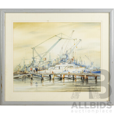 Robert T. Miller, (20th Century, Australian, 1916-?). The Busy Pier, Original Vintage Watercolour, 62 x 71 cm (frame)