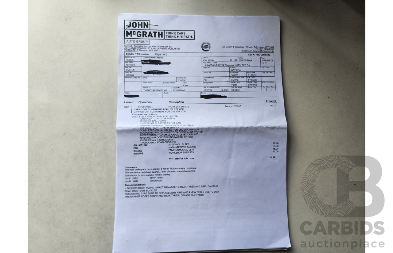 1/2014 Skoda Octavia 132 TSI Elegance NE 5d Hatchback White 1.8L