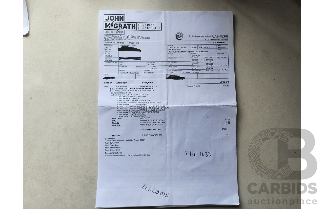 1/2014 Skoda Octavia 132 TSI Elegance NE 5d Hatchback White 1.8L