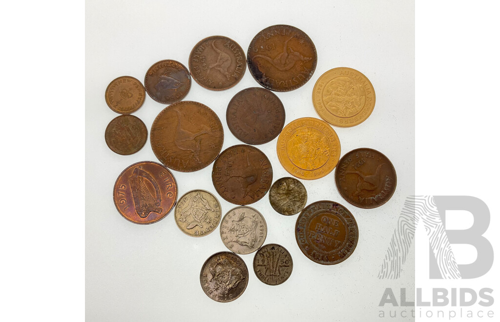 Collection of Australian Predecimal Coins Including Three Silver Sixpence, 1954, 1957, 1963, Two Silver Threepence 1949, 1950, Pennies and Half Pennies, KGV, KGVI, QE2 Including 1916I Half Penny