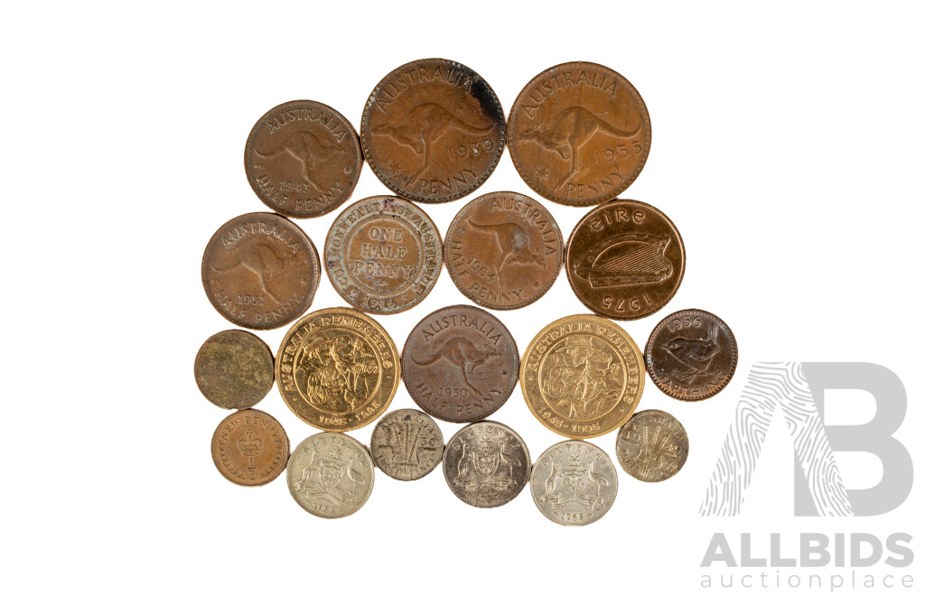 Collection of Australian Predecimal Coins Including Three Silver Sixpence, 1954, 1957, 1963, Two Silver Threepence 1949, 1950, Pennies and Half Pennies, KGV, KGVI, QE2 Including 1916I Half Penny