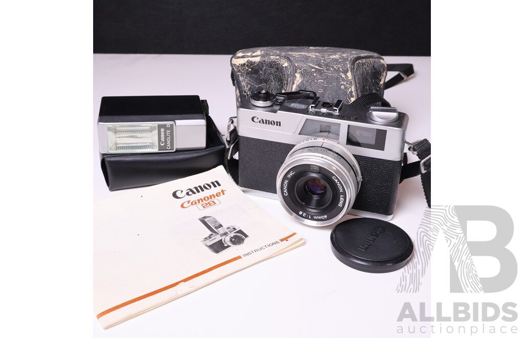 Canon Canonet 28 Rangefinder Camera with Canon Canolite D Flash