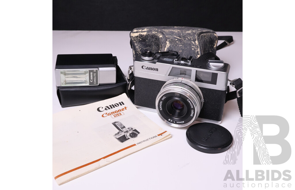 Canon Canonet 28 Rangefinder Camera with Canon Canolite D Flash