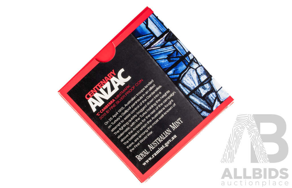 Australian RAM 2015 Silver Proof One Dollar Coin, Centerary ANZAC, C Mint Mark .999