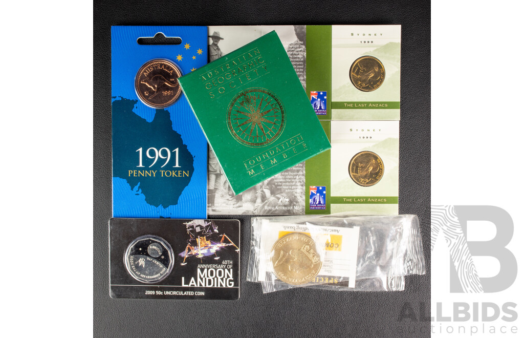 Australian 1988 Five Dollar Coin, 2009 RAM Fifty Cent, 40th Anniversary of Moon Landing, Two 1999 One Dollar Coins, Last ANZACs, S Mint Marks, 1991 Penny Token, 1988 RAM Geographic Society Member Medallion