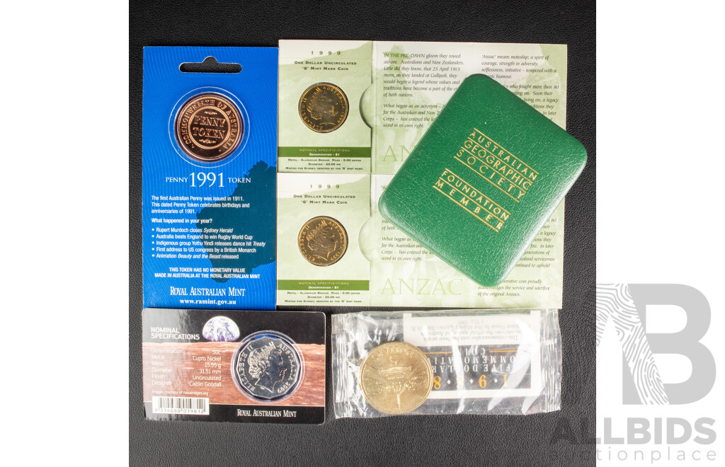 Australian 1988 Five Dollar Coin, 2009 RAM Fifty Cent, 40th Anniversary of Moon Landing, Two 1999 One Dollar Coins, Last ANZACs, S Mint Marks, 1991 Penny Token, 1988 RAM Geographic Society Member Medallion