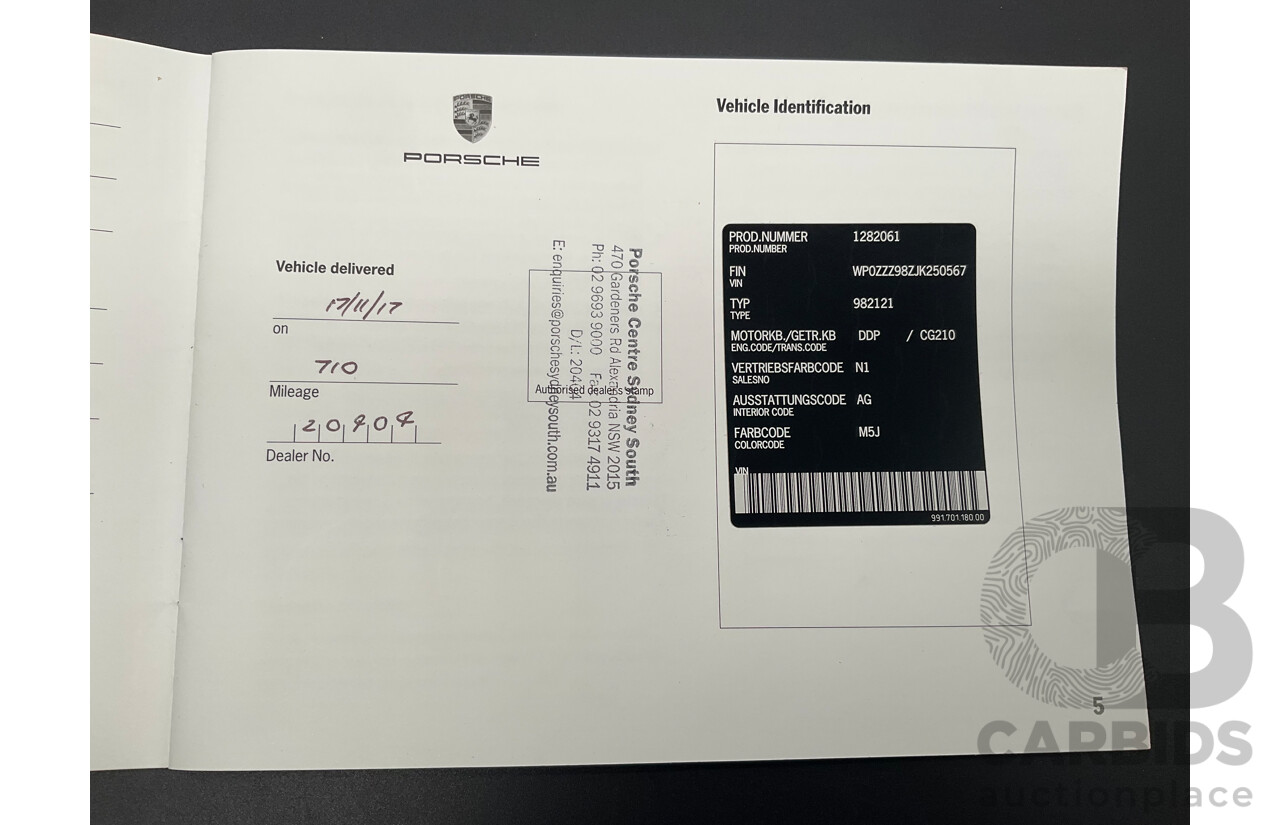 09/2017 Porsche 718 Cayman (RWD) 982 MY18 2d Coupe Sapphire Blue Metallic Turbo 2.0L