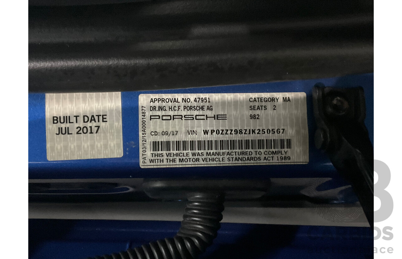 09/2017 Porsche 718 Cayman (RWD) 982 MY18 2d Coupe Sapphire Blue Metallic Turbo 2.0L