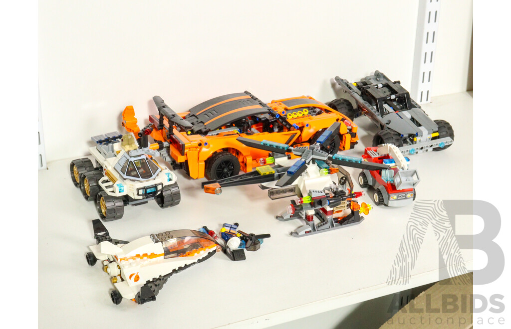 Six Lego Vehicles Technic Corvette ZR1, Satellite Service, Helicopter, Getaway Truck, Rover Testing Drive, Fire Rescue Truck