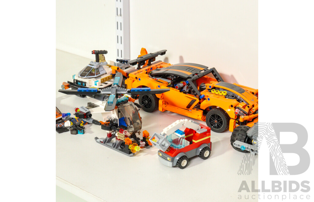 Six Lego Vehicles Technic Corvette ZR1, Satellite Service, Helicopter, Getaway Truck, Rover Testing Drive, Fire Rescue Truck