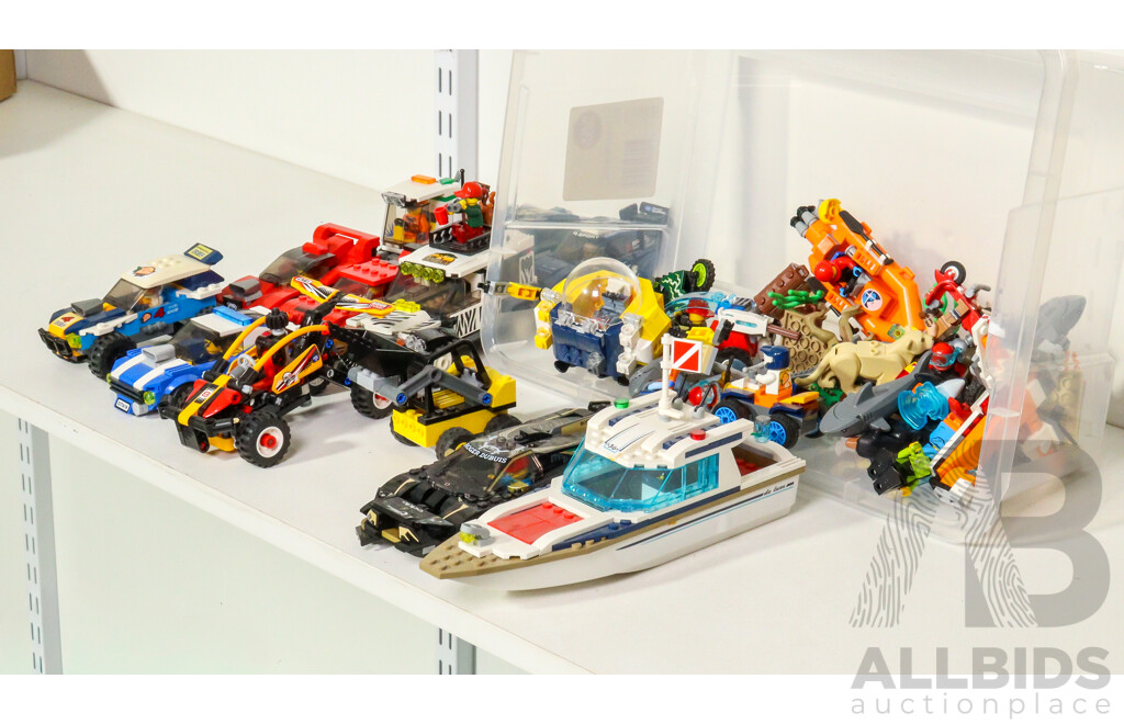 Collection Lego Cars, Bikes, Boat and Plane with Figures and Scenery Items Including Fish, Animals, Trees