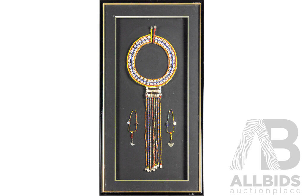 Traditional Vintage African Maasai Wedding Beaded Collar Necklace [Enkarewa] and Pair of Bracelets, 85H x 46W cm (frame)