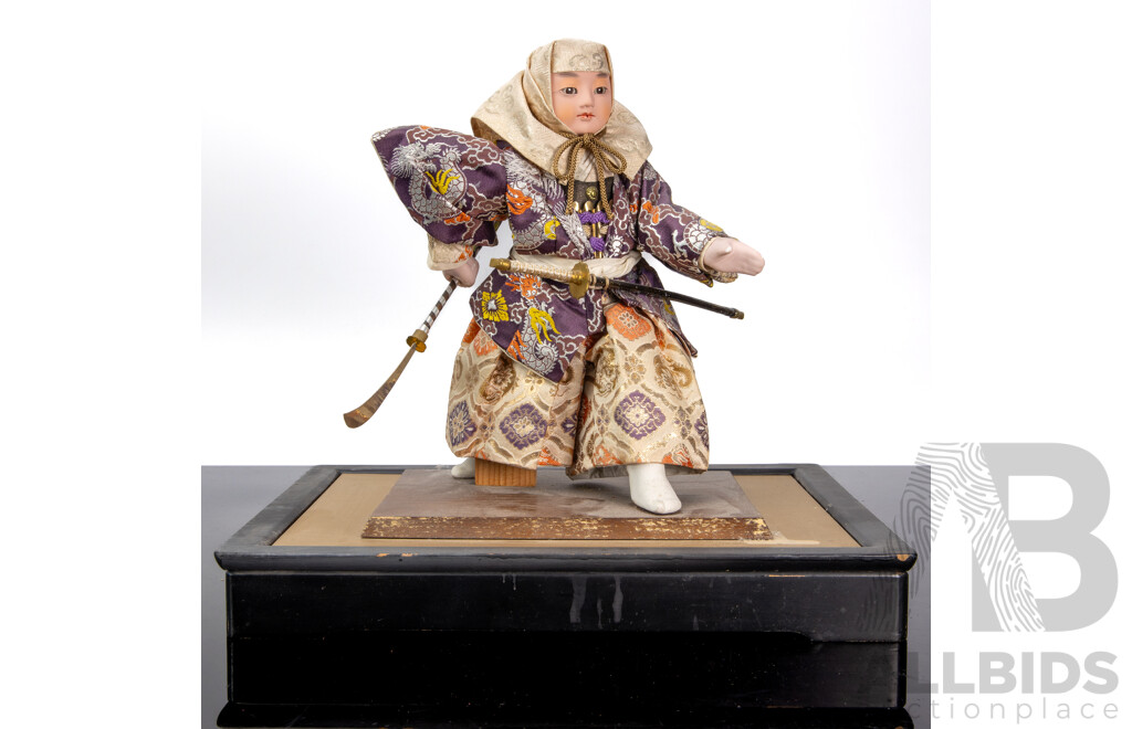 Japanese Musha Ningyo Warrior Doll on Wooden Display Base