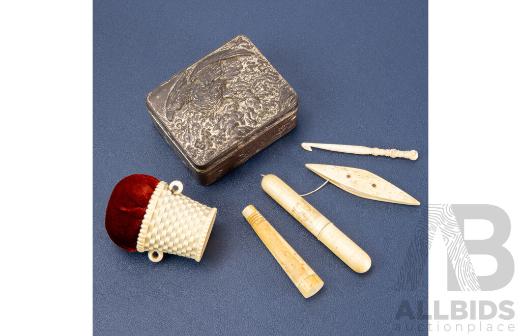 Antique Ivory Crochet & Embroidery Tools with Chinese Trinket Box